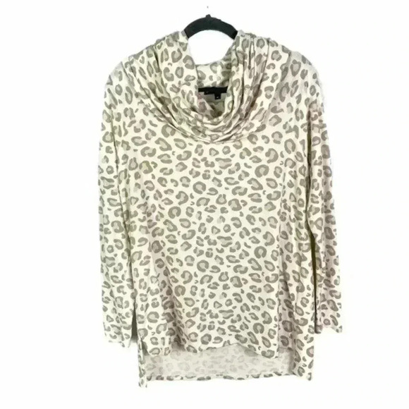 Gibson Look Ivory Taupe Cowl Leopard Print Sweater XXS - Picture 2 of 6